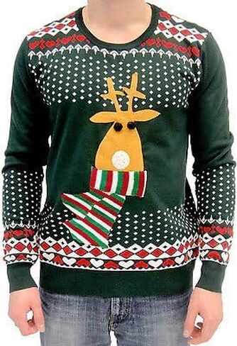 Ugly Christmas Sweater Rudolph Flashing Light Red Nose Reindeer Adult Green Sweater in Saudi Arabia