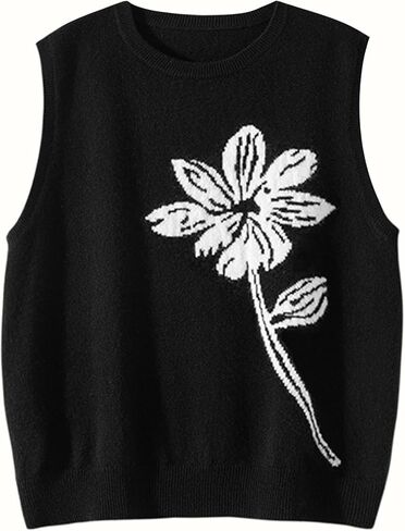 Wowcarbazole Women's Sweater Vest Crew Neck Sleeveless Ribbed Knitwear Casual Trendy Floral Knitted Vest Pullover Top in Saudi Arabia