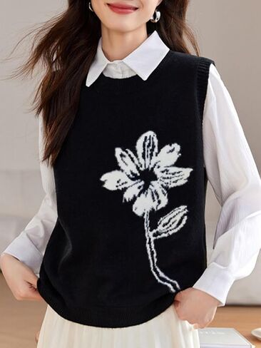 Wowcarbazole Women's Sweater Vest Crew Neck Sleeveless Ribbed Knitwear Casual Trendy Floral Knitted Vest Pullover Top in Saudi Arabia