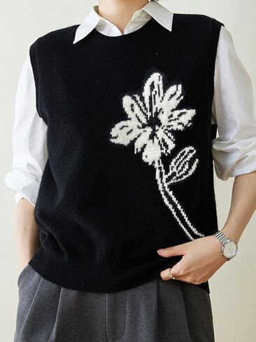 Wowcarbazole Women's Sweater Vest Crew Neck Sleeveless Ribbed Knitwear Casual Trendy Floral Knitted Vest Pullover Top in Saudi Arabia