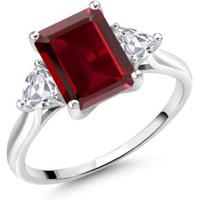 Gem Stone King 10K White Gold Gemstone Birthstone and Lab Grown Diamond 3-Stone Engagement Ring for Women | Emerald Cut 9X7MM and Trillion 4MM | Fine Jewelry for Wedding Anniversary Promise | Size 5-9