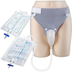 Wearable Urine Collection Set with 2 Drainage Bags (1000ml/2000ml), Reusable Silicone Urine 1.2M Catheter Bag for Men Blue