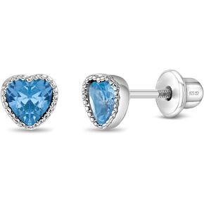 925 Sterling Silver Heart Shaped Cubic Zirconia Safety Screw Back Earrings For Girls - Small Heart Shaped CZ Young Girls Earrings - Toddlers Heart Shaped Earrings