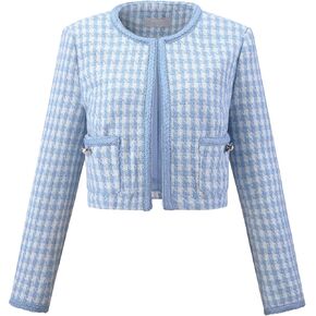 Women's Houndstooth Blazer Collarless Plaid Cropped Tweed Jacket