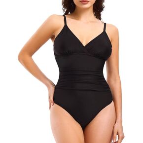 Women's One Piece Swimsuit Slimming Tummy Control Bathing Suit High Waist High Cut Ruched V Neck Vintage Swimwear