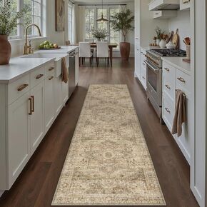 3x10 Light Brown Area Rug Runners for Hallways Washable Vintage Distressed Carpet Low Pile Non Slip Indoor Retro Soft Long Accent Rug Bedroom Kitchen Bathroom Laundry Dining Living Room