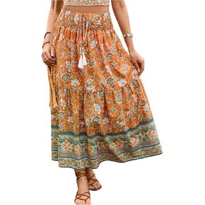 Verdusa Women's Floral High Waisted Ruffle Long Skirt Boho Drawstring Tiered Flowy Maxi Skirts