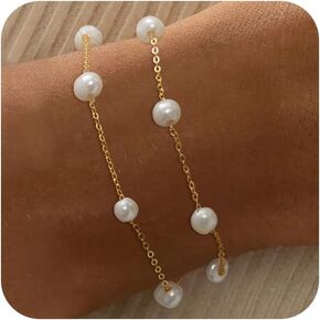 Dainty Pearl Bracelet for Women 14K Gold Plated Satellite Pearls Link Chain Adjustable Bracelets Jewelry Gifts