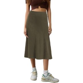 Urban CoCo Women's Elastic High Waist A-Line Flared Solid Ribbed Knit Midi Skirt