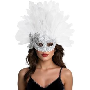 UQJE Venetian Feather Headpiece Mask for Women Luxury Feather Headwear Rhinestones Masquerade Mask for Halloween, Mardi Gras