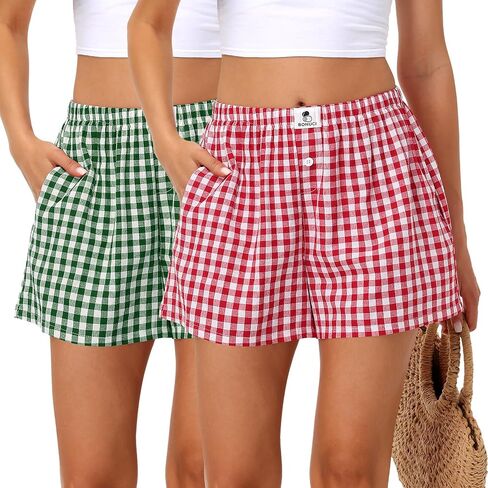 Bonuci 2 Pack Women Boxer Shorts Cotton Y2k Plaid Lounge Sleep Gingham Pj Summer Casual Pajama Y2k Beach Bottoms with Pockets in Saudi Arabia