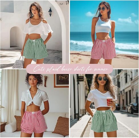 Bonuci 2 Pack Women Boxer Shorts Cotton Y2k Plaid Lounge Sleep Gingham Pj Summer Casual Pajama Y2k Beach Bottoms with Pockets in Saudi Arabia