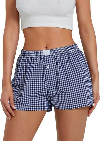 Y2K Boxer Shorts for Womens Low Waist Plaid Lounge Shorts Elastic Cute Gingham Pajamas Bottoms in Kuwait