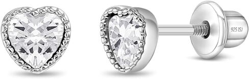 925 Sterling Silver Heart Shaped Cubic Zirconia Safety Screw Back Earrings For Girls - Small Heart Shaped CZ Young Girls Earrings - Toddlers Heart Shaped Earrings in Saudi Arabia