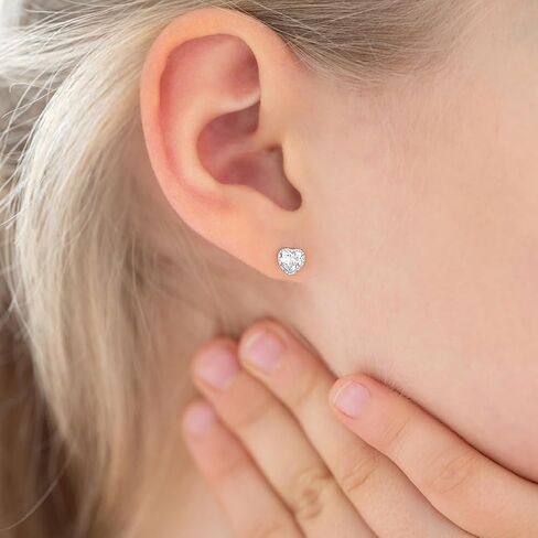 925 Sterling Silver Heart Shaped Cubic Zirconia Safety Screw Back Earrings For Girls - Small Heart Shaped CZ Young Girls Earrings - Toddlers Heart Shaped Earrings in Saudi Arabia