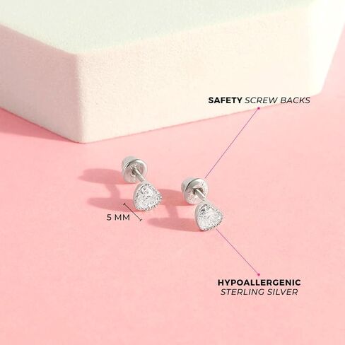 925 Sterling Silver Heart Shaped Cubic Zirconia Safety Screw Back Earrings For Girls - Small Heart Shaped CZ Young Girls Earrings - Toddlers Heart Shaped Earrings in Saudi Arabia