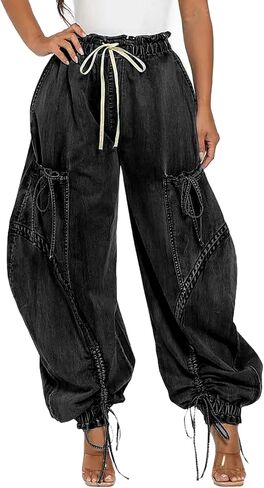 ركض الدنيم للنساء عالية الخصر الرباط الساق واسعة الساق كبيرة الحجم مع جيوب القوس التعادل in Kuwait