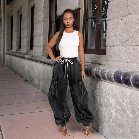 ركض الدنيم للنساء عالية الخصر الرباط الساق واسعة الساق كبيرة الحجم مع جيوب القوس التعادل in Kuwait