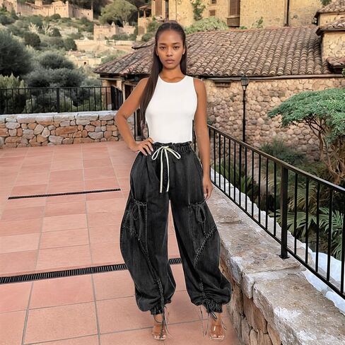 ركض الدنيم للنساء عالية الخصر الرباط الساق واسعة الساق كبيرة الحجم مع جيوب القوس التعادل in Kuwait