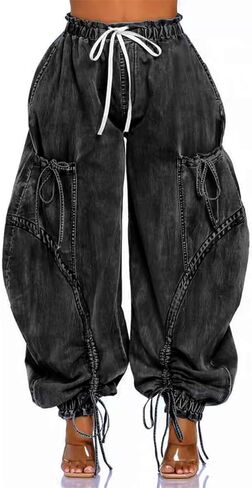 ركض الدنيم للنساء عالية الخصر الرباط الساق واسعة الساق كبيرة الحجم مع جيوب القوس التعادل in Kuwait