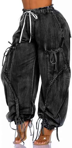 ركض الدنيم للنساء عالية الخصر الرباط الساق واسعة الساق كبيرة الحجم مع جيوب القوس التعادل in Kuwait