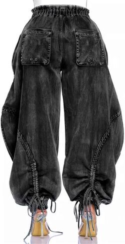 ركض الدنيم للنساء عالية الخصر الرباط الساق واسعة الساق كبيرة الحجم مع جيوب القوس التعادل in Kuwait