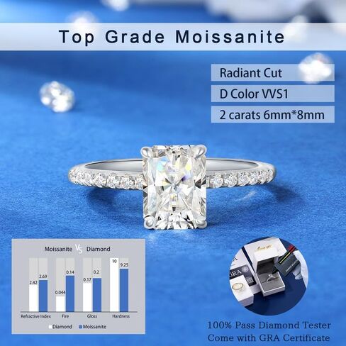 2ct Radiant Cut Moissanite Rings for Women - D Color VVS1 Clarity Lab Created Moissanite Wedding Rings for Women 14K White Gold Plated Moissanite Engagement Ring Valentines Day Gifts for Her in Saudi Arabia
