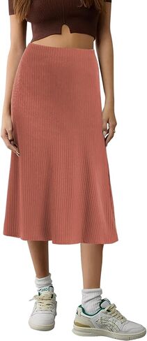 Urban CoCo Women's Elastic High Waist A-Line Flared Solid Ribbed Knit Midi Skirt in Saudi Arabia