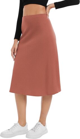 Urban CoCo Women's Elastic High Waist A-Line Flared Solid Ribbed Knit Midi Skirt in Saudi Arabia