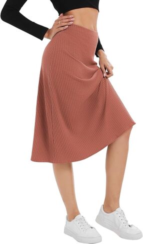 Urban CoCo Women's Elastic High Waist A-Line Flared Solid Ribbed Knit Midi Skirt in Saudi Arabia