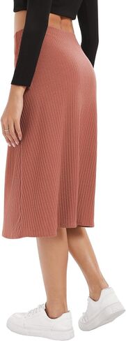 Urban CoCo Women's Elastic High Waist A-Line Flared Solid Ribbed Knit Midi Skirt in Saudi Arabia