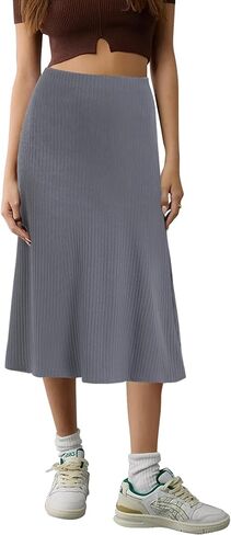Urban CoCo Women's Elastic High Waist A-Line Flared Solid Ribbed Knit Midi Skirt in Saudi Arabia