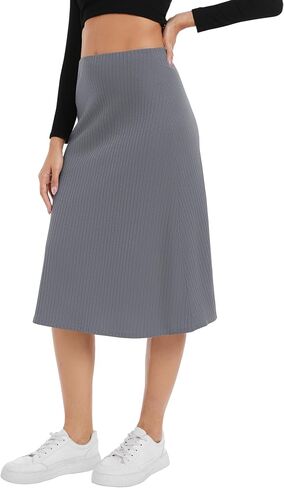 Urban CoCo Women's Elastic High Waist A-Line Flared Solid Ribbed Knit Midi Skirt in Saudi Arabia