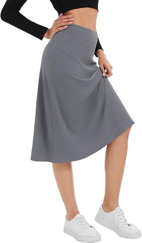 Urban CoCo Women's Elastic High Waist A-Line Flared Solid Ribbed Knit Midi Skirt in Saudi Arabia