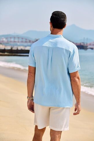 COOFANDY Men's Casual Henley Shirt Band Collar Short Sleeve Shirt Summer Beach Hippie Shirt in Saudi Arabia