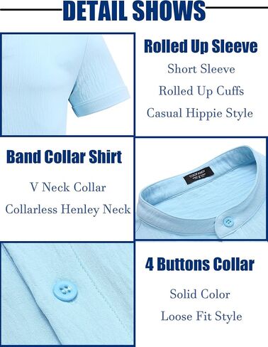 COOFANDY Men's Casual Henley Shirt Band Collar Short Sleeve Shirt Summer Beach Hippie Shirt in Saudi Arabia