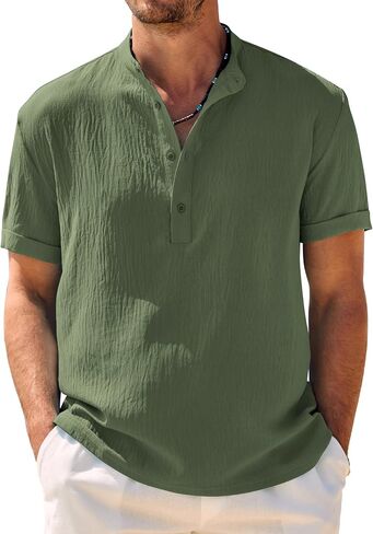 COOFANDY Men's Casual Henley Shirt Band Collar Short Sleeve Shirt Summer Beach Hippie Shirt in Saudi Arabia