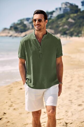 COOFANDY Men's Casual Henley Shirt Band Collar Short Sleeve Shirt Summer Beach Hippie Shirt in Saudi Arabia
