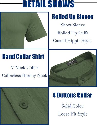 COOFANDY Men's Casual Henley Shirt Band Collar Short Sleeve Shirt Summer Beach Hippie Shirt in Saudi Arabia
