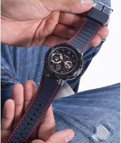 GUESS Men's 44mm Watch - Navy Strap Black Dial Silver Tone Case in Saudi Arabia