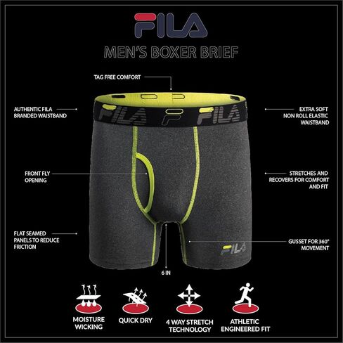 Fila Men's 6" Boxer Briefs with Fly Front, 95% Cotton, 5% Spandex Briefs, 4-Pack, Black, Medium in Saudi Arabia