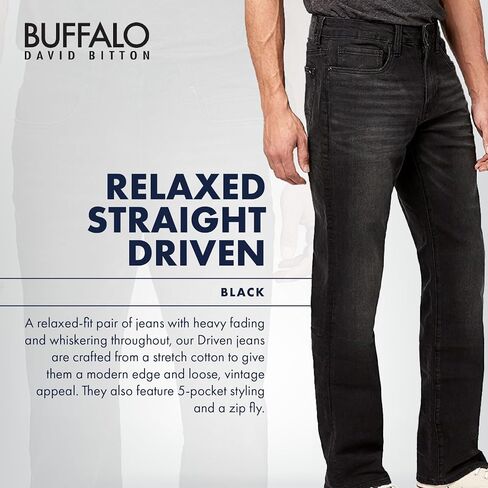 Buffalo David Bitton Men's Relaxed Straight Driven Jeans, Mid Blue Sanded, 30 32 in Saudi Arabia