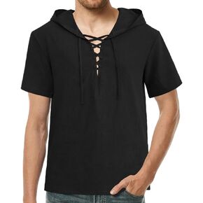 Men's Renaissance Vintage T Shirts Short Sleeve Lace up Hooded for Medieval Pirate Viking Costume Beach Tops