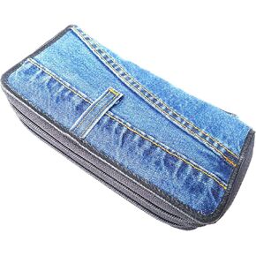 Upcycled Blue Denim Double Zipper Accordion Long Wallet Clutch Wristlet for Women DMW015