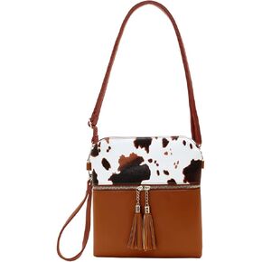 Sunwel Fashion Cow Print Wristlet Tassel Purse-Zipper Pockets Crossbody Bag Shoulder Handbag for Women
