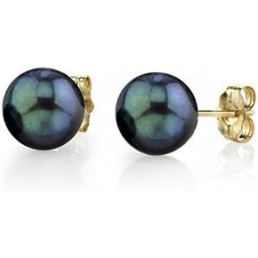 THE PEARL SOURCE 18K Gold 6-6.5mm AAA Quality Round Black Akoya Cultured Pearl Stud Earrings for Women