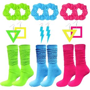 80s Costume Accessories for Women Neon Scrunch Socks Hair Scrunchies Earrings for 80s Retro Party Halloween