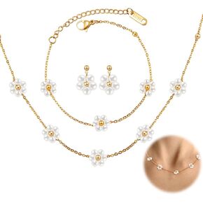 Tondiamo 4 PCS Daisy Pearl Jewelry مجموعة للنساء 18K الذهب Daisy قلادة الذهب قلادة زهرة اللؤلؤة لؤلؤة أقراط للنساء عيد ميلاد عيد ميلاد حفل زفاف