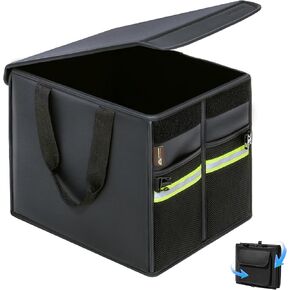 Coverado Trunk Organizer for Car- Nappa Leather Trunk Organizer for SUV with Lid, 30L Multi Collapsible Car Storage Organizer Foldable, Multi Compartments with 2 Straps for SUV/Truck