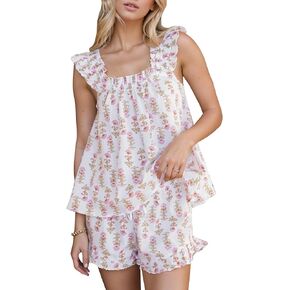 Kissonic Womens Ruffle Pajamas Set 2 Piece Summer PJs for Women Floral Pajama Ruffle Trim Cami Top and Shorts Lounge